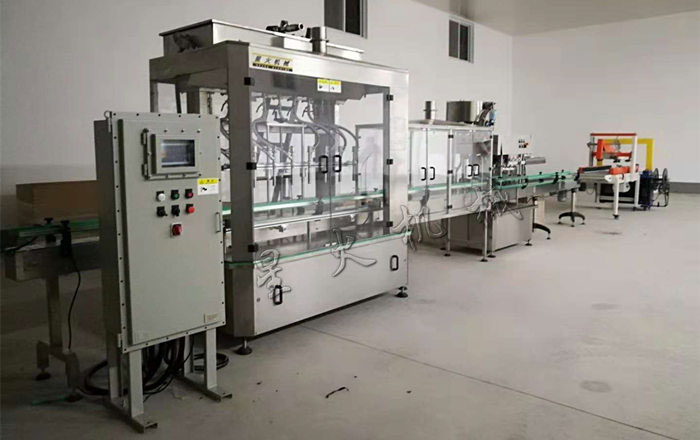 液体化学试剂灌装生产线/全自动液体化学试剂灌装生产线(液体防爆灌装机+直列式自动旋盖机+铝箔封口机+封箱打包机)
